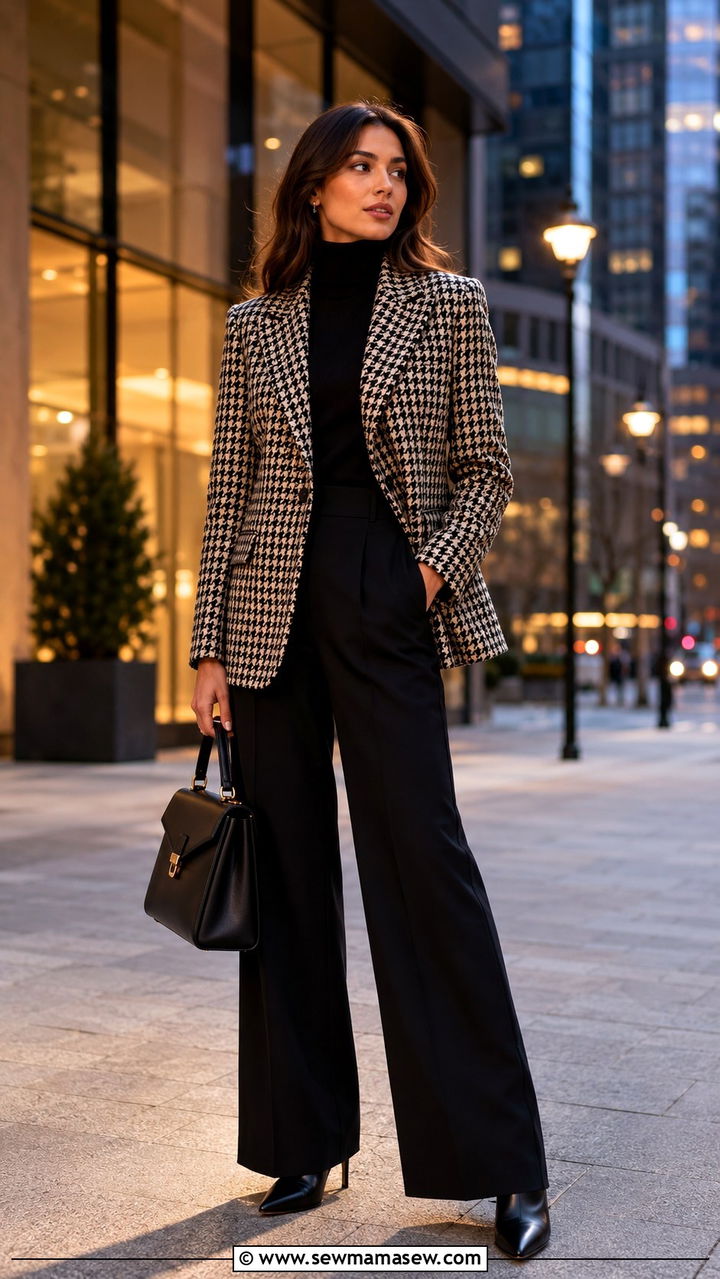 Houndstooth Blazer and Wide Leg Trousers - 30 old money outfits to copy