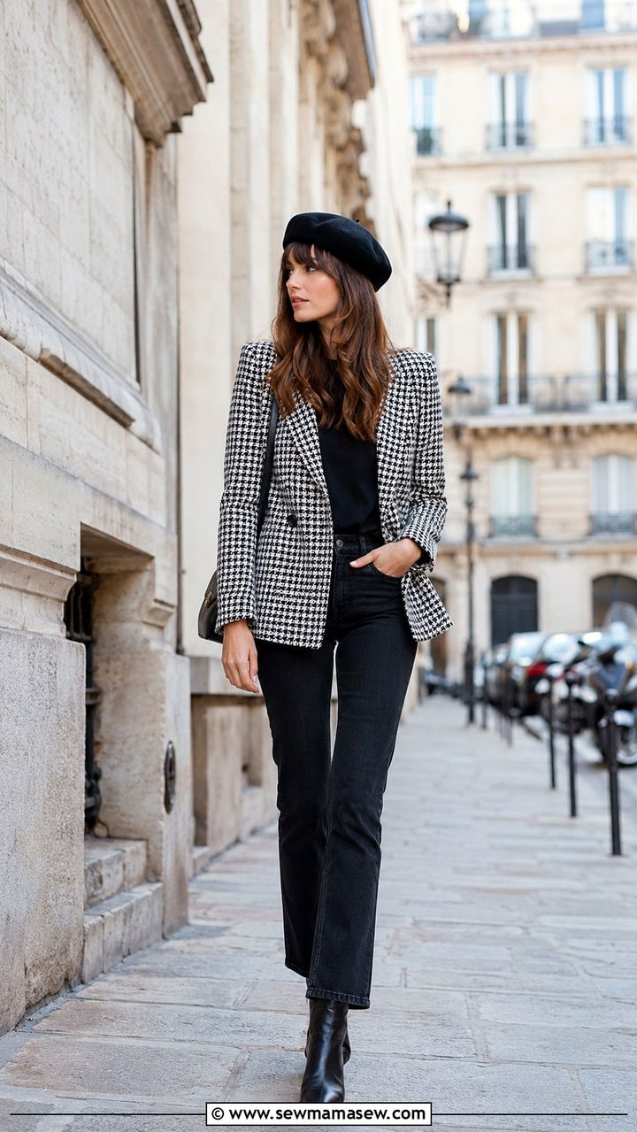 Houndstooth Blazer with Black Jeans and a Beret - 30 Parisian street style outfit ideas
