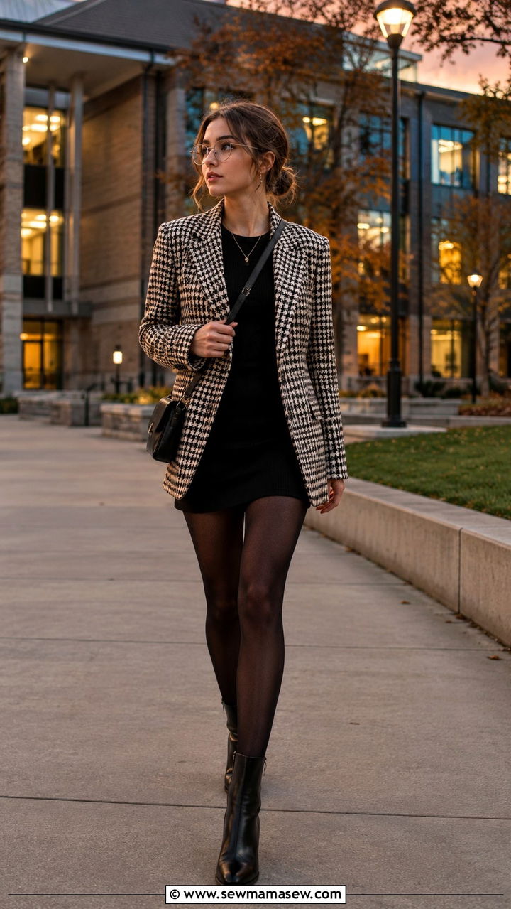 Houndstooth Blazer with Black Mini Dress - 30 light academia outfits to copy