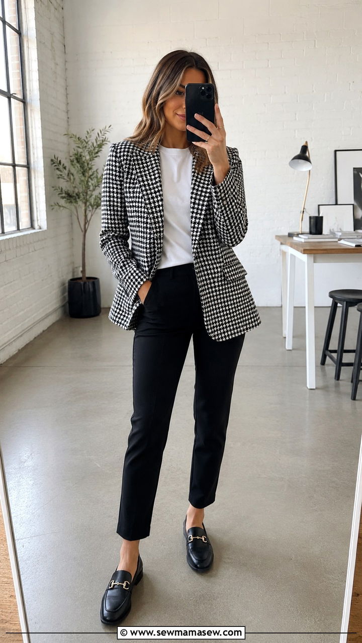 Houndstooth Blazer with Black Ponte Pants and Loafers - 30 business casual outfits aesthetic