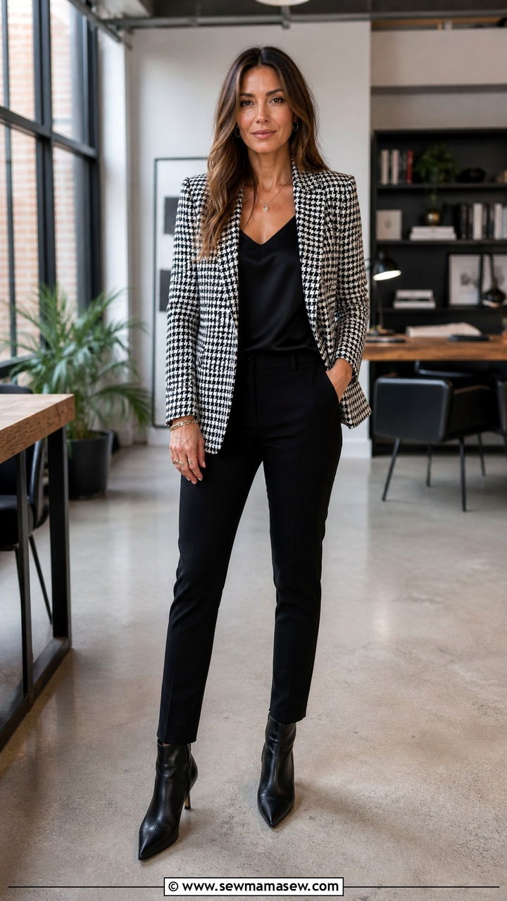 Houndstooth Blazer with Black Slim Trousers - 40 classy work outfits