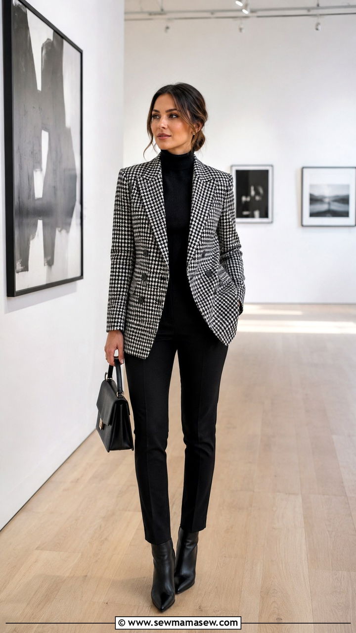 Houndstooth Blazer with Black Trousers - 30 how to style blazer outfits