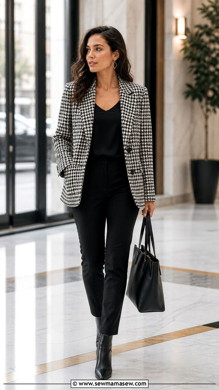 Houndstooth Blazer with Black Trousers and Ankle Boots - 40 classy business casual outfits