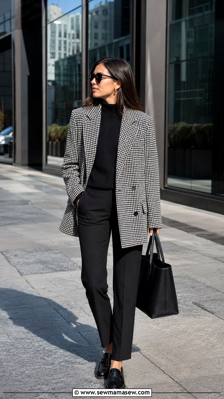 Houndstooth Blazer with Black Trousers and Loafers - 25 work outfits inspo