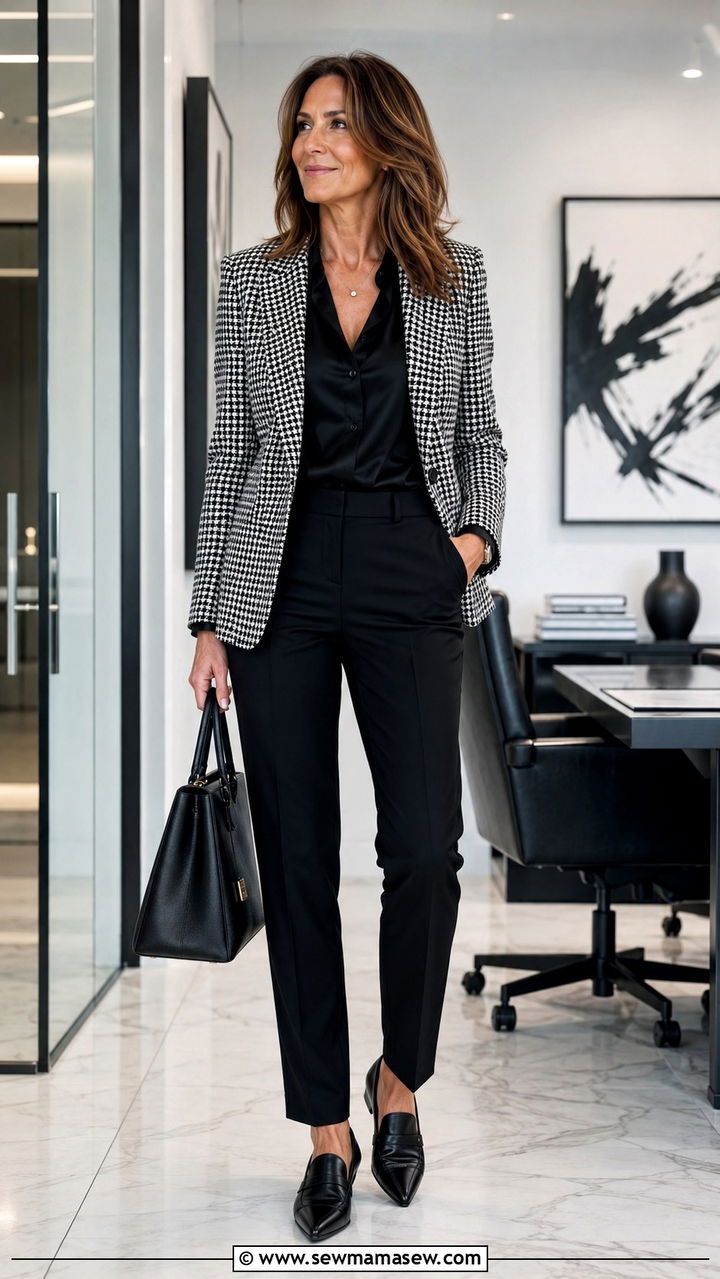 Houndstooth Blazer with Black Trousers and Pointed Loafers - 25 preppy outfit ideas for women over 40