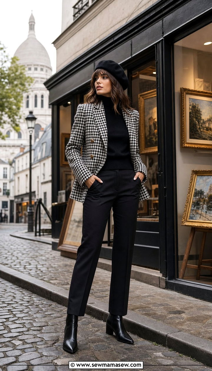 Houndstooth Blazer with Black Turtleneck and Beret - 25 classy Paris outfits
