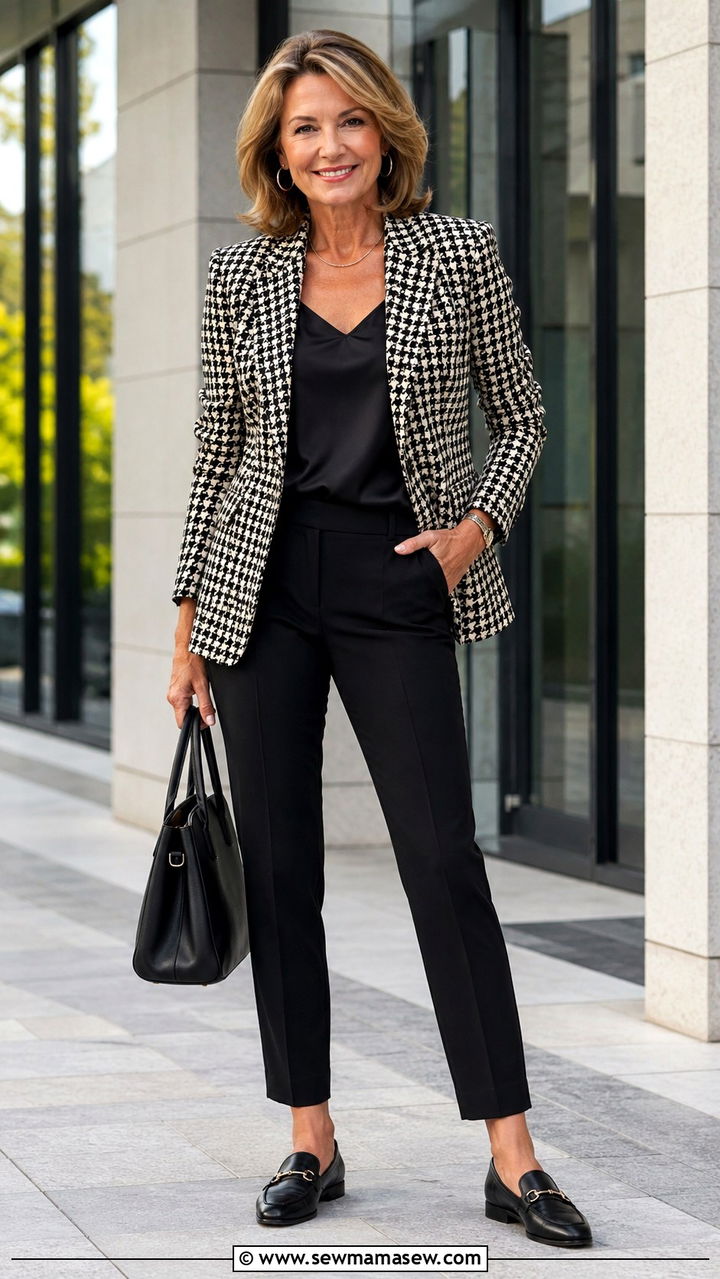 Houndstooth Blazer with Slim Black Pants and Loafers - 20 Quiet luxury outfit ideas for women over 50