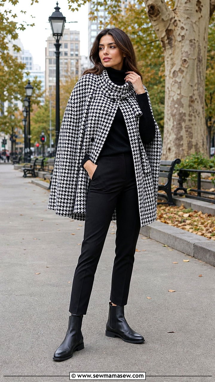 Houndstooth Cape Coat with All Black Base and Chelsea Boots - 35 Cape coat outfit ideas