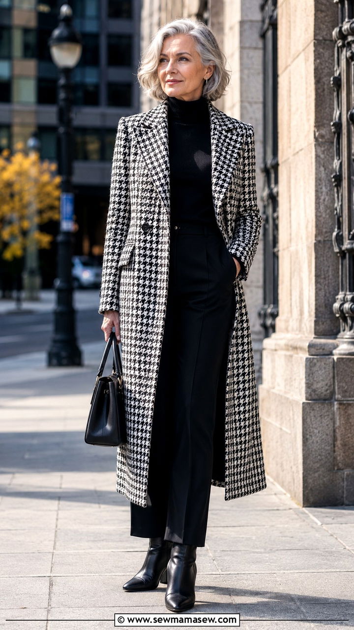 Houndstooth Coat With Black Trousers and Ankle Boots - 30 Trendy outfit ideas for women over 60