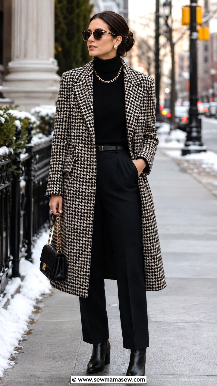 Houndstooth Coat With Black Turtleneck And Gold Chain Necklace - 25 Old money outfit ideas with gold jewelry