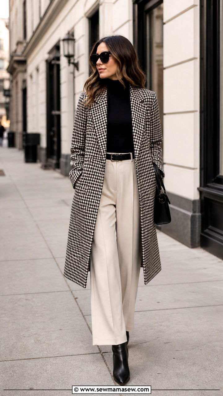 Houndstooth Coat With Wide Leg Trousers - 40 old money outfits for women