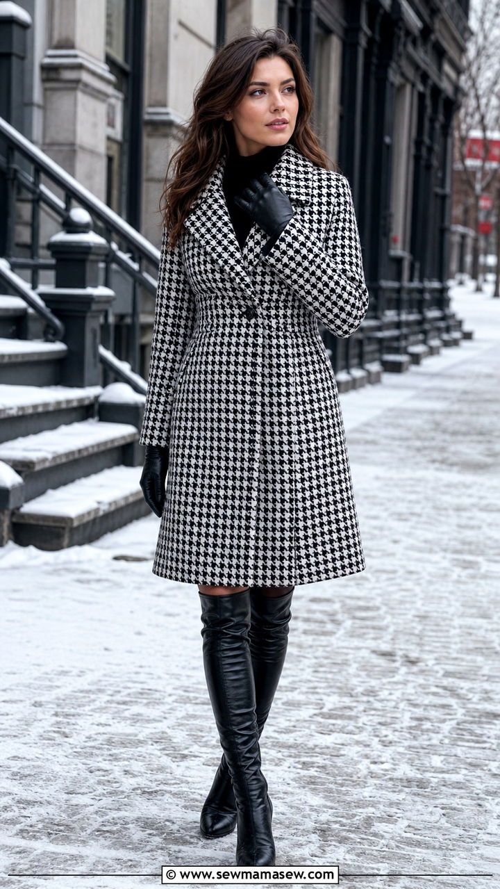 Houndstooth Coat with Leather Gloves and Knee High Boots - 40 old money outfits ideas