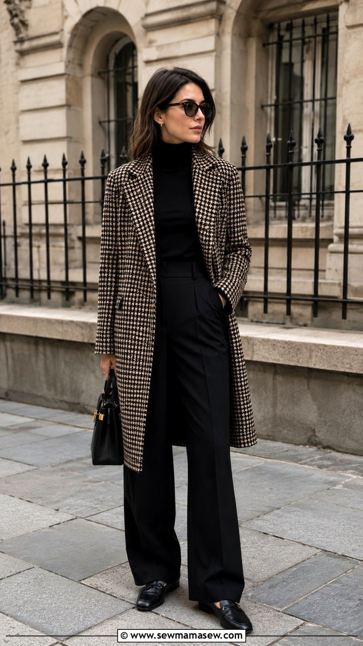 Houndstooth Coat with Wide Leg Pants - 25 Old money outfit ideas with driving loafers