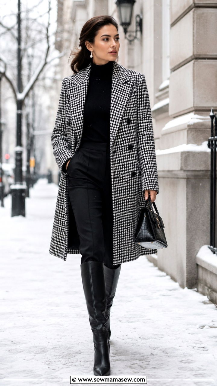 Houndstooth Double Breasted Coat and Black Boots - 30 Old money capsule wardrobe