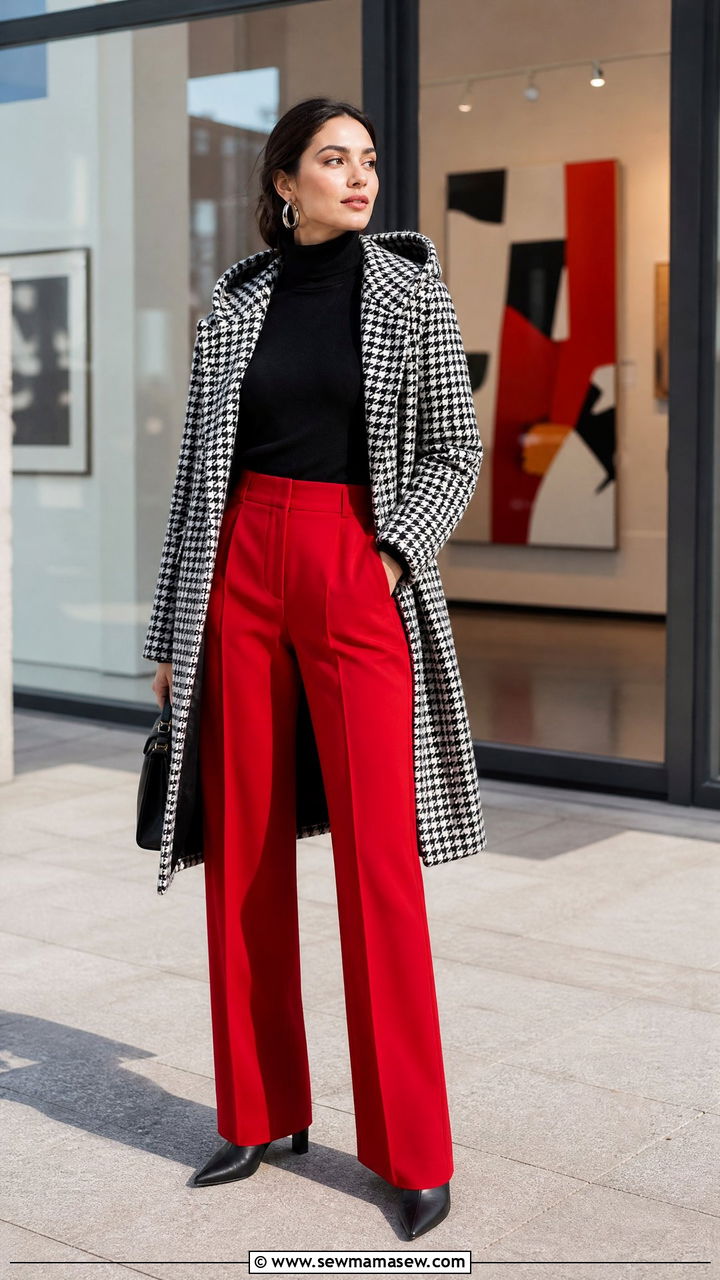 Houndstooth Hooded Coat With A Black Turtleneck And Red Wide Leg Trousers - 35 Hooded coat outfit ideas