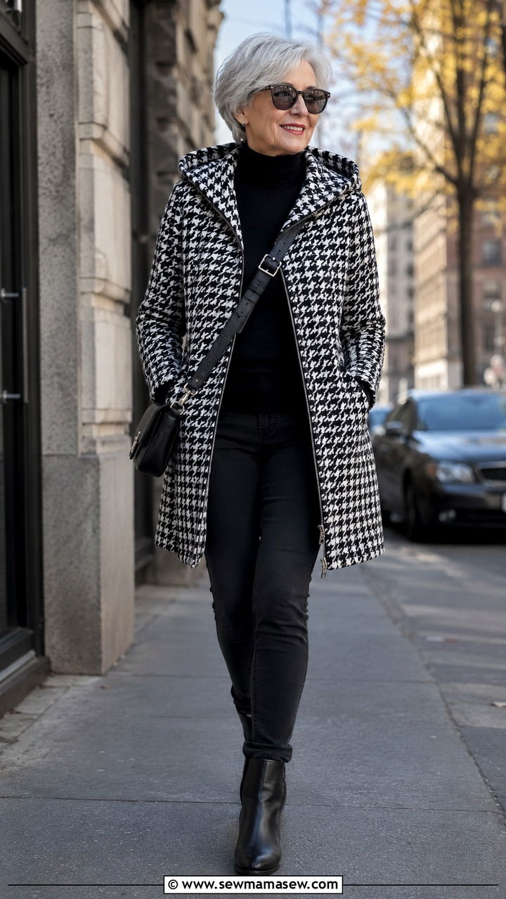 Houndstooth Hoodie Coat With Black Jeans - 30 Classy outfits for women over 60