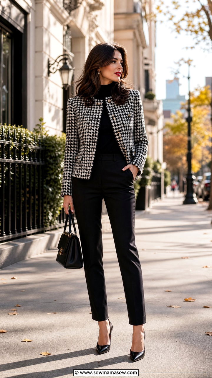 Houndstooth Jacket with Black Trousers - 30 elegant outfit ideas for women