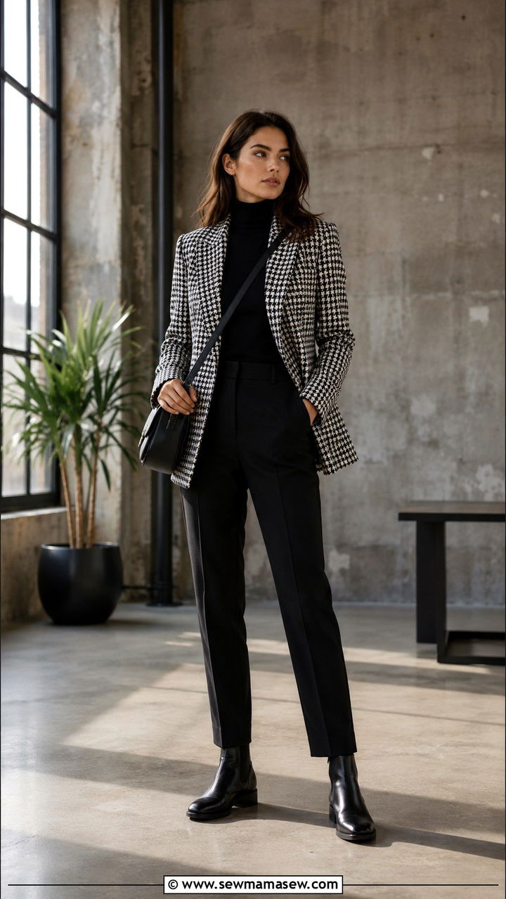 Houndstooth Jacket with Black Trousers - 30 chic job interview outfits for women