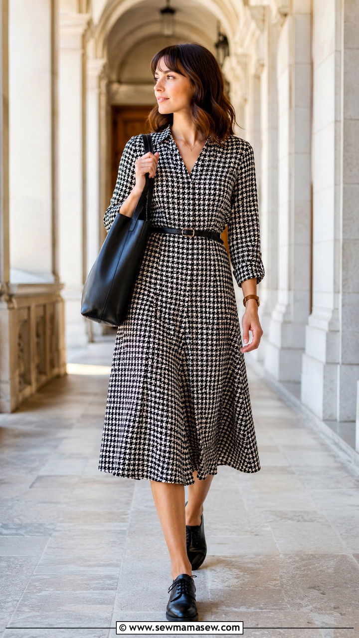 Houndstooth Midi Dress With Leather Tote and Oxford Shoes - 30 Midi dress for work outfit ideas