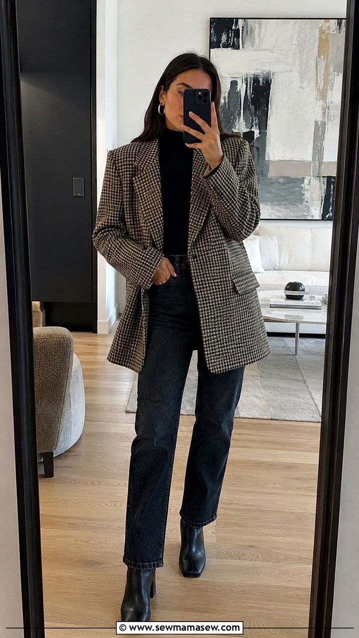 Houndstooth Oversized Blazer with Straight Jeans - 30 Oversized blazer outfit ideas with jeans