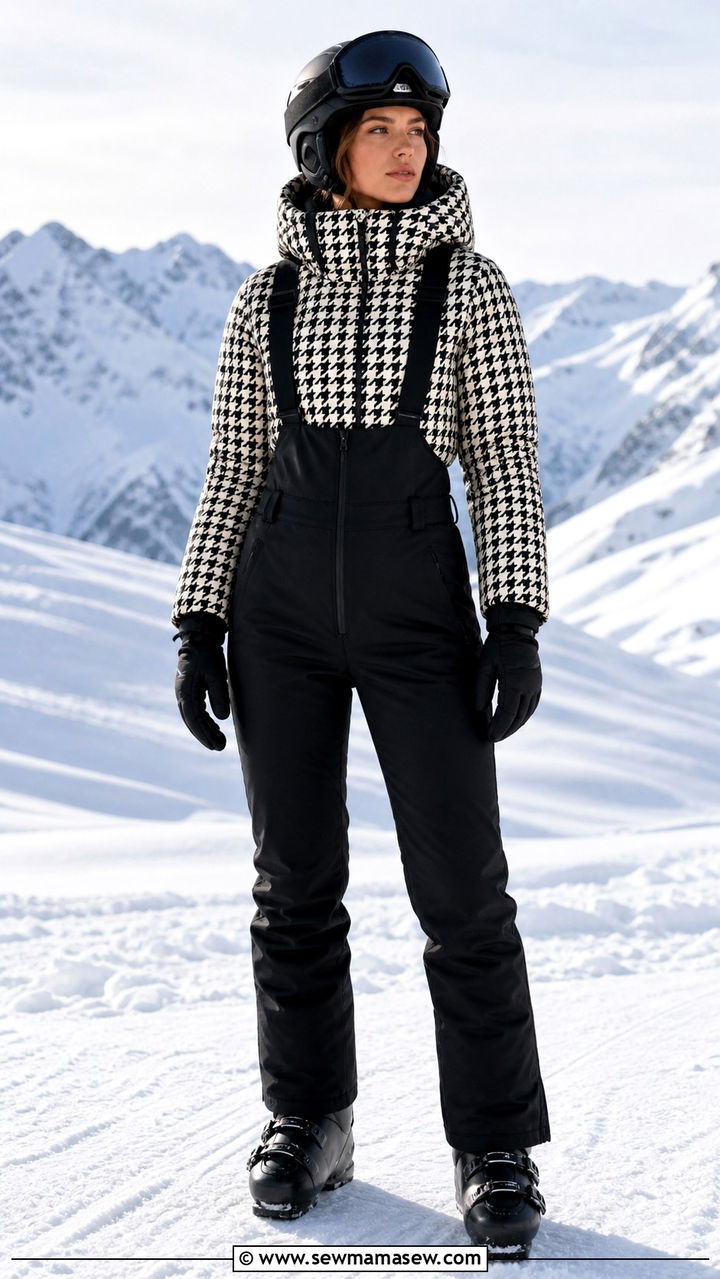 Houndstooth Puffer Jacket with Black Ski Bibs - 40 Ski trip outfits