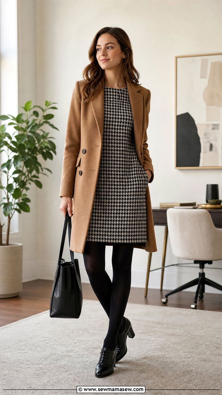 Houndstooth Shift Dress With Wool Tights And Heeled Oxfords - 25 Shift dress outfit ideas with tights