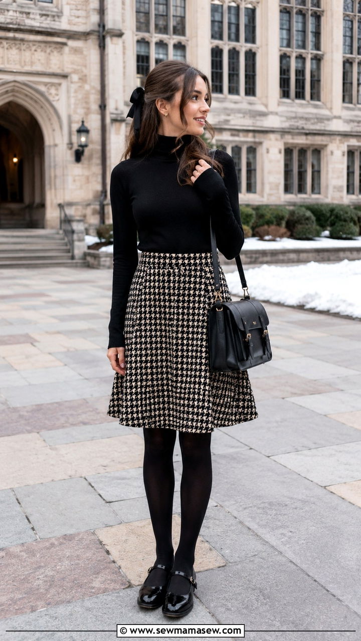 Houndstooth Skirt And Black Turtleneck School Outfit - 30 classy school outfits