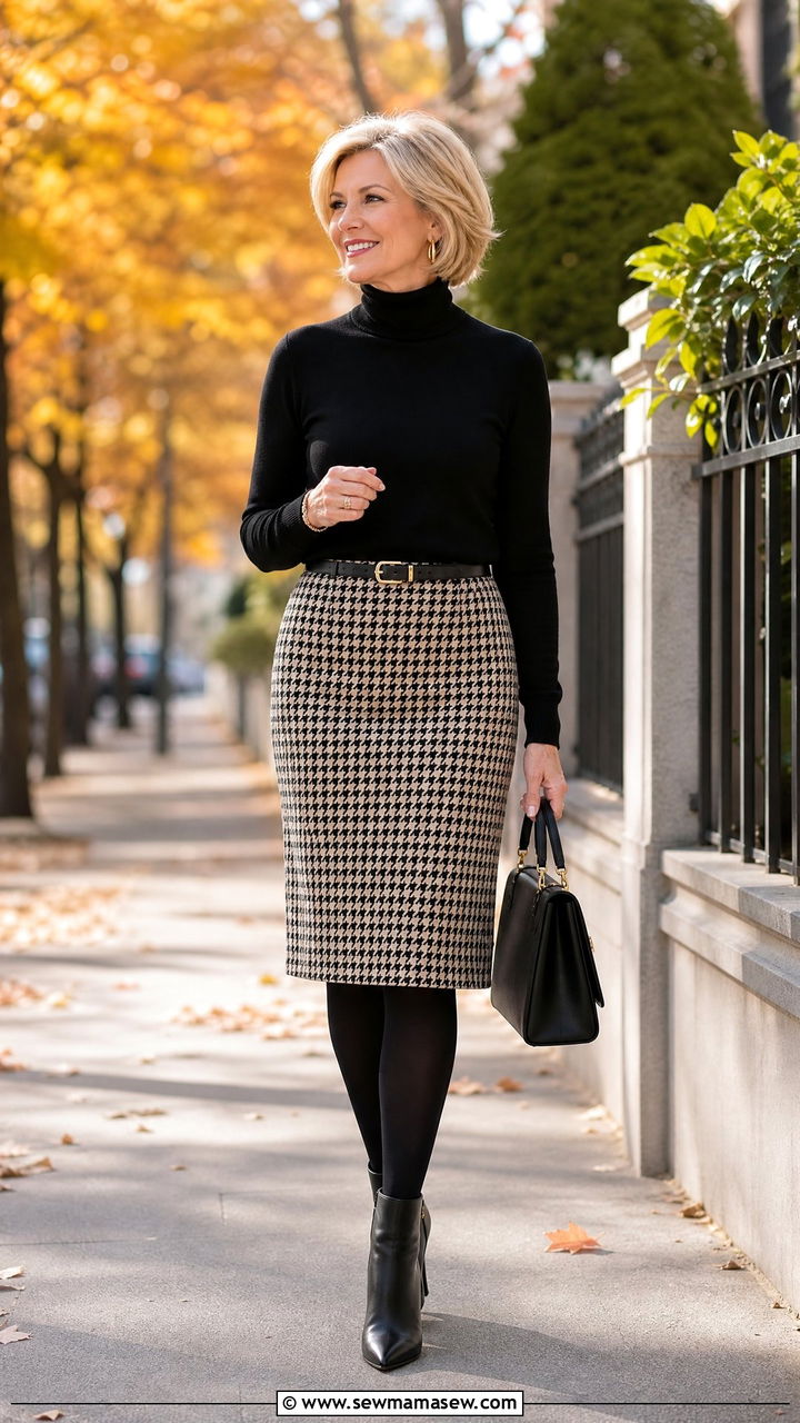 Houndstooth Skirt With Black Turtleneck - 30 Modest outfits for women over 50