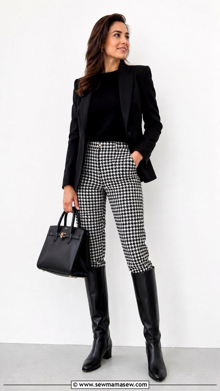 Houndstooth Trousers with Riding Boots - 25 Old money outfit ideas with riding boots