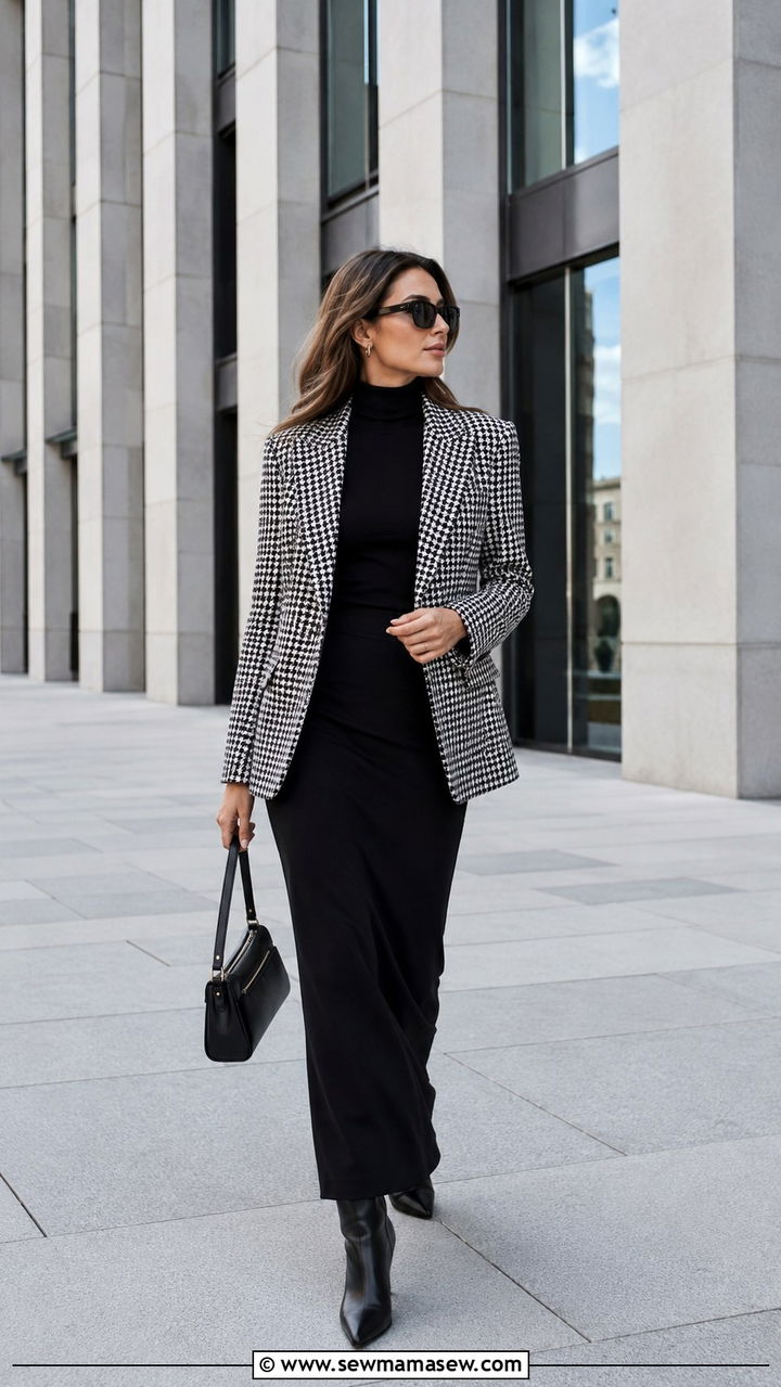 Houndstooth blazer and black maxi skirt outfit - 30 Maxi skirt outfit ideas with a blazer