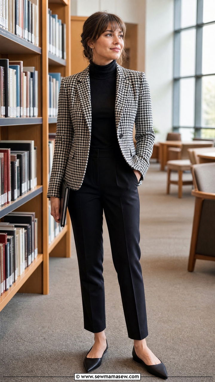 Houndstooth blazer and black trousers librarian outfit - 25 librarian core outfits to copy