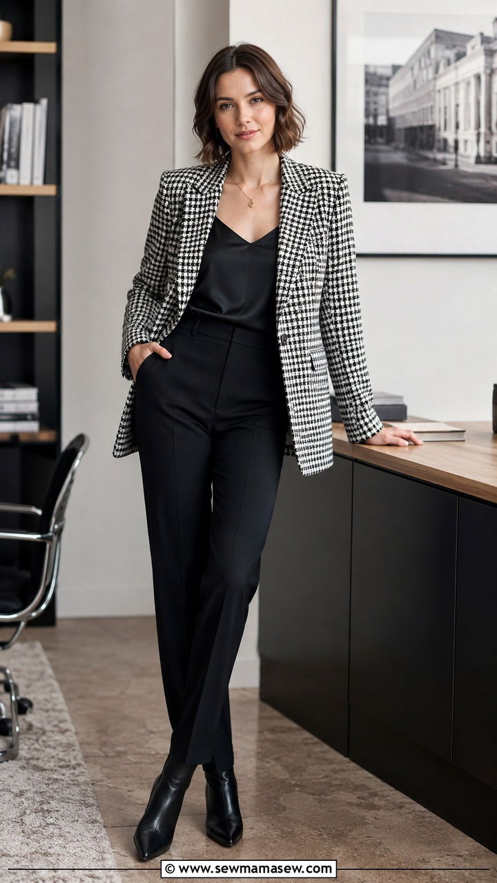 Houndstooth blazer and black trousers outfit - 30 librarian core outfits for women