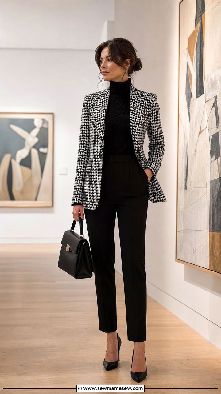 Houndstooth blazer and black trousers - 25 Old money outfit ideas on Amazon