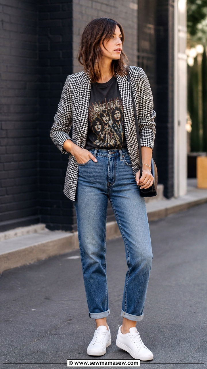 Houndstooth blazer and graphic tee outfit - 20 blazer outfits 2026