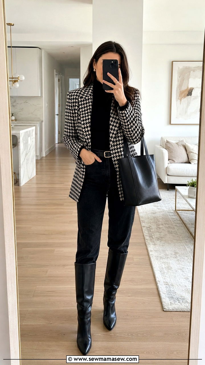 Houndstooth blazer with black jeans and leather boots - 25 Old money outfit ideas with equestrian style