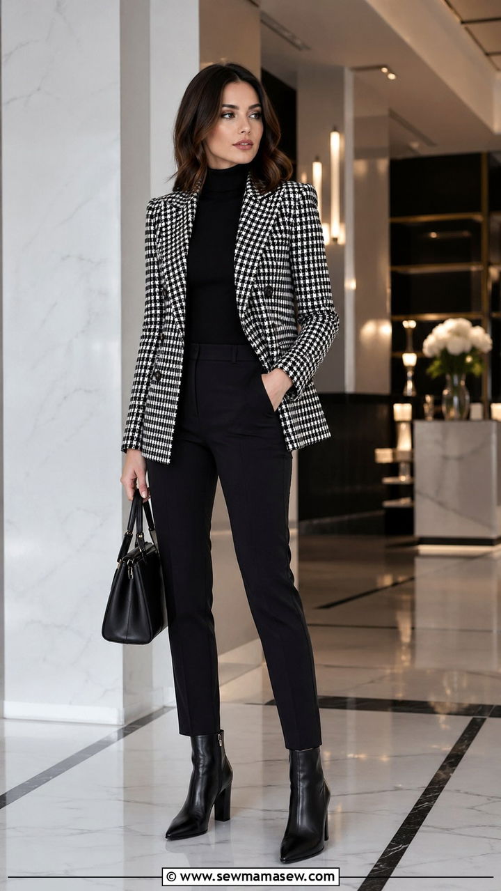 Houndstooth blazer with black pants and ankle boots - 40 blazer outfits for women