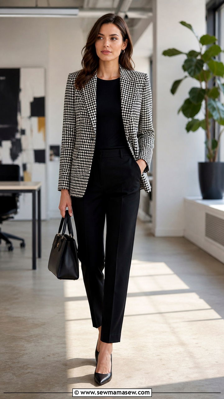 Houndstooth blazer with black trousers - 40 Business professional outfit ideas