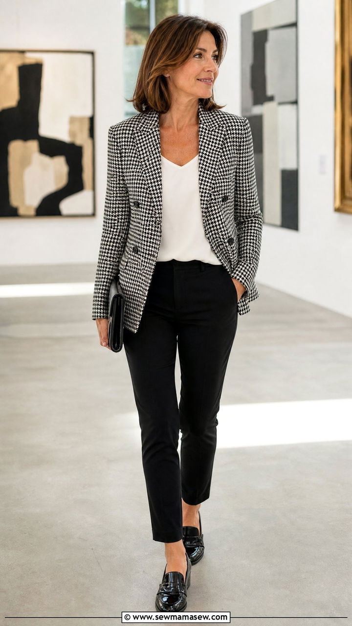 Houndstooth blazer with black trousers and patent loafers - 35 French girl outfit ideas for women over 50