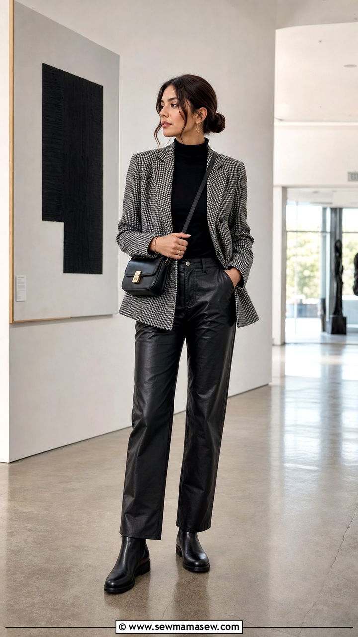 Houndstooth blazer with black turtleneck and leather pants - 25 Dark academia outfit ideas 2026