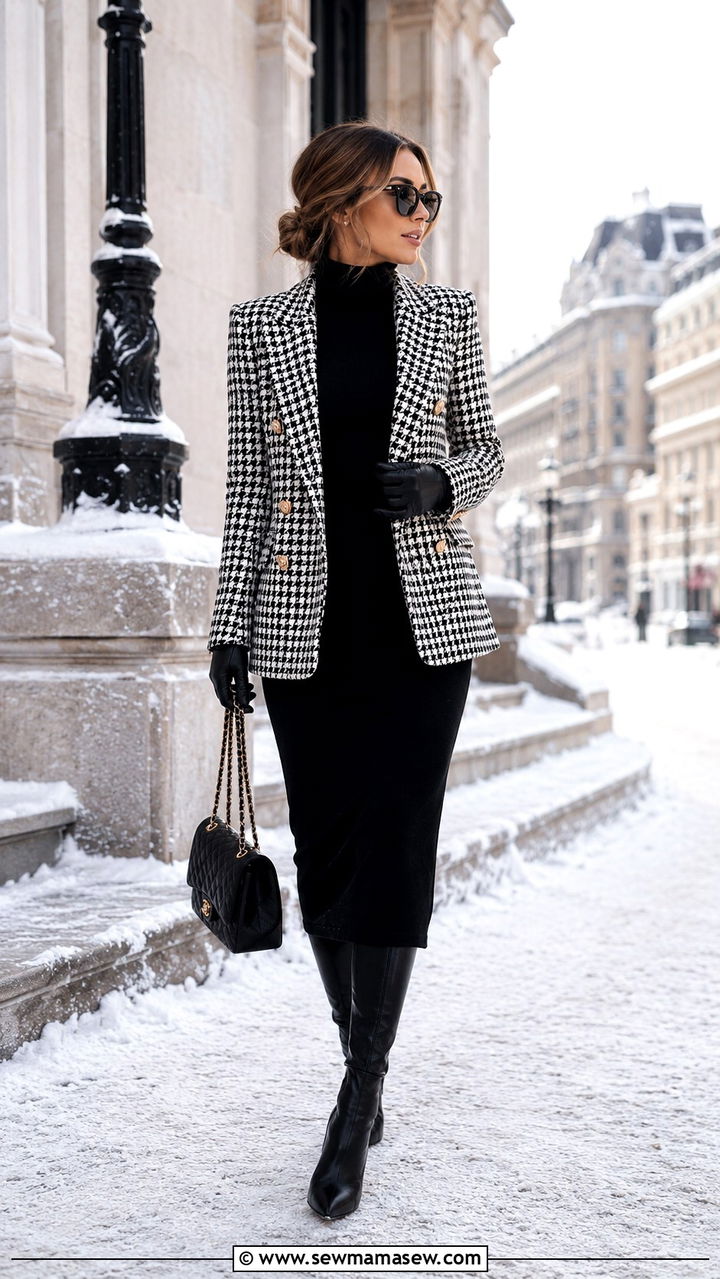 Houndstooth blazer with black turtleneck dress - 30 Real estate agent outfit ideas