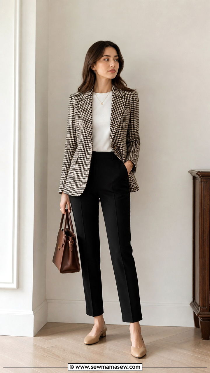 Houndstooth blazer with cigarette pants and low heels outfit - 40 light academia outfits