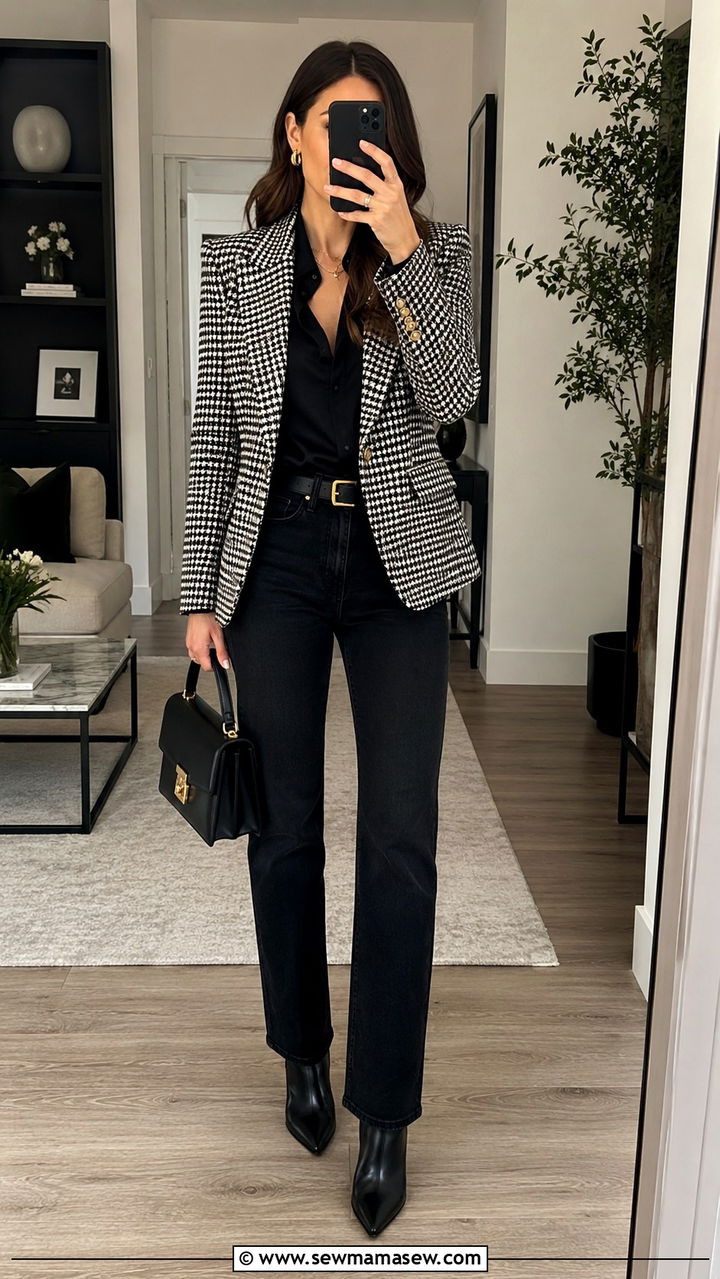 Houndstooth blazer with straight leg jeans - 30 Straight leg jeans outfit ideas with a blazer