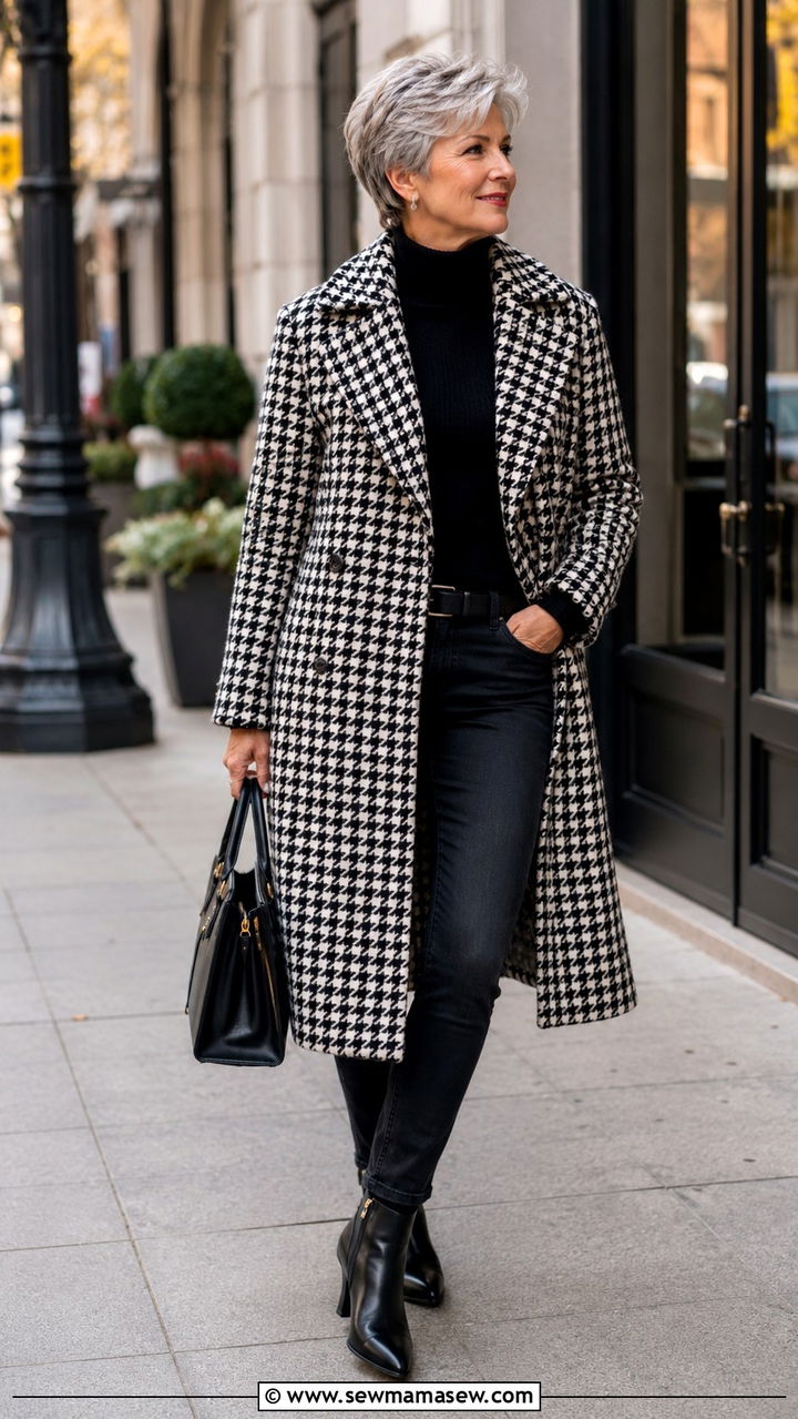 Houndstooth coat and dark jeans outfit for women over 65 - 30 Outfit ideas for women over 65