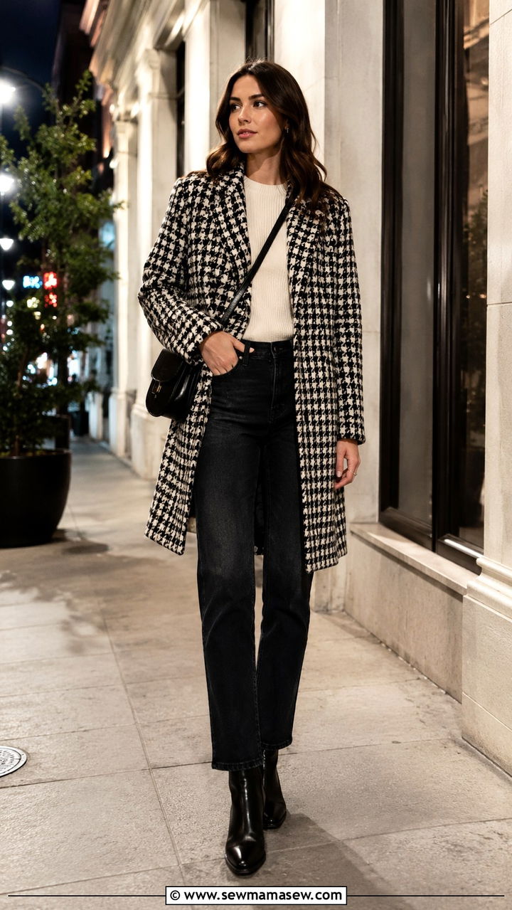 Houndstooth coat with dark jeans and ankle boots - 30 preppy outfits for women