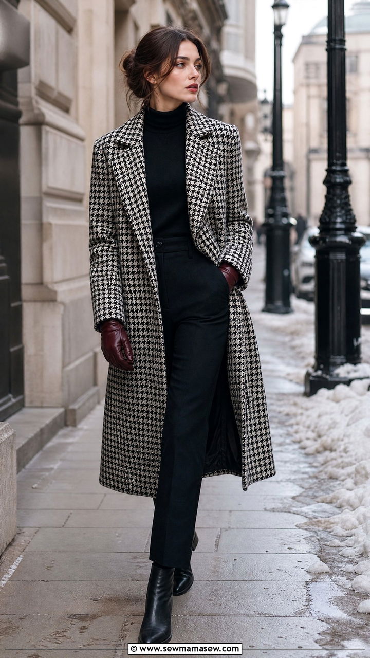 Houndstooth coat with turtleneck and leather gloves - 25 classy dark academia outfits