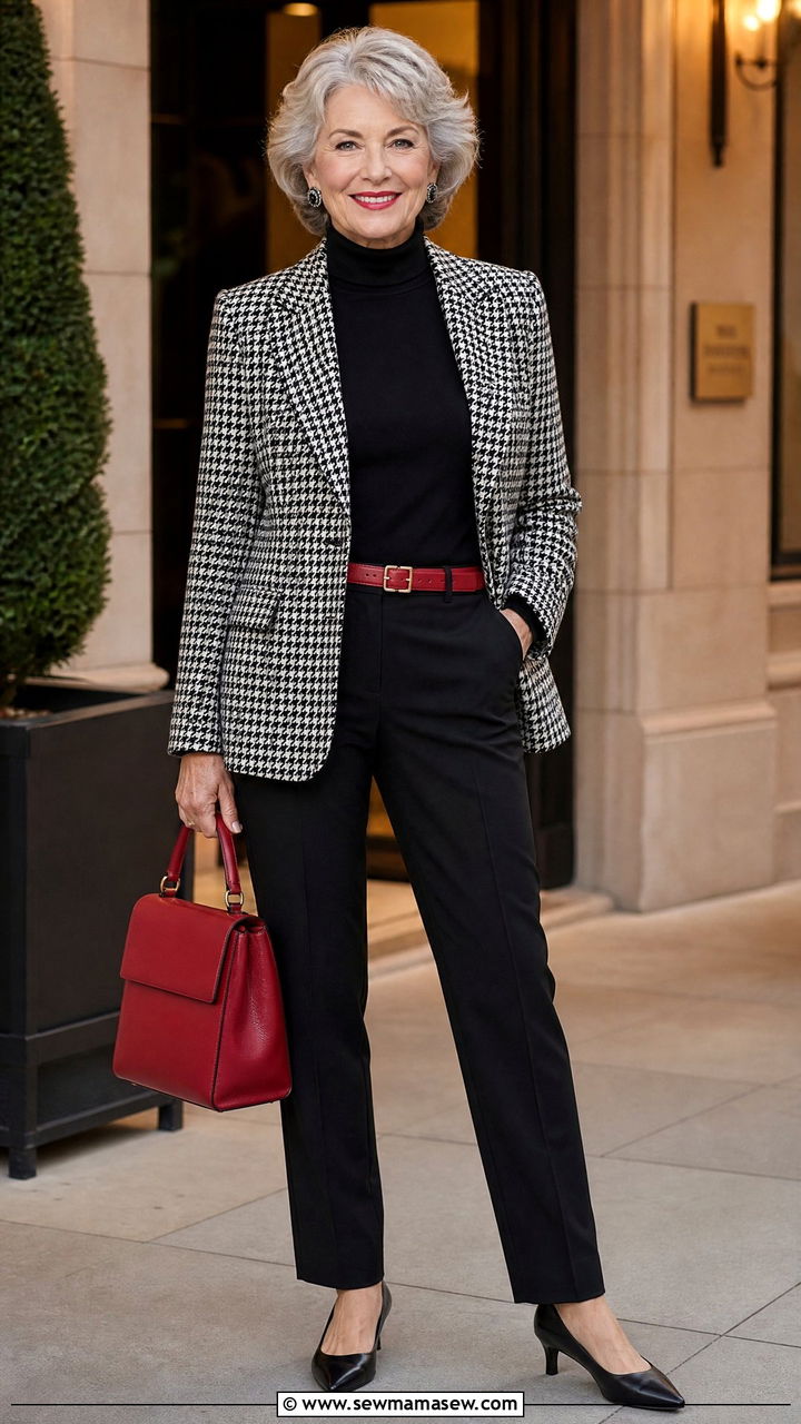 Houndstooth jacket with black trousers and a pop of red - 30 Chic outfits for women over 60