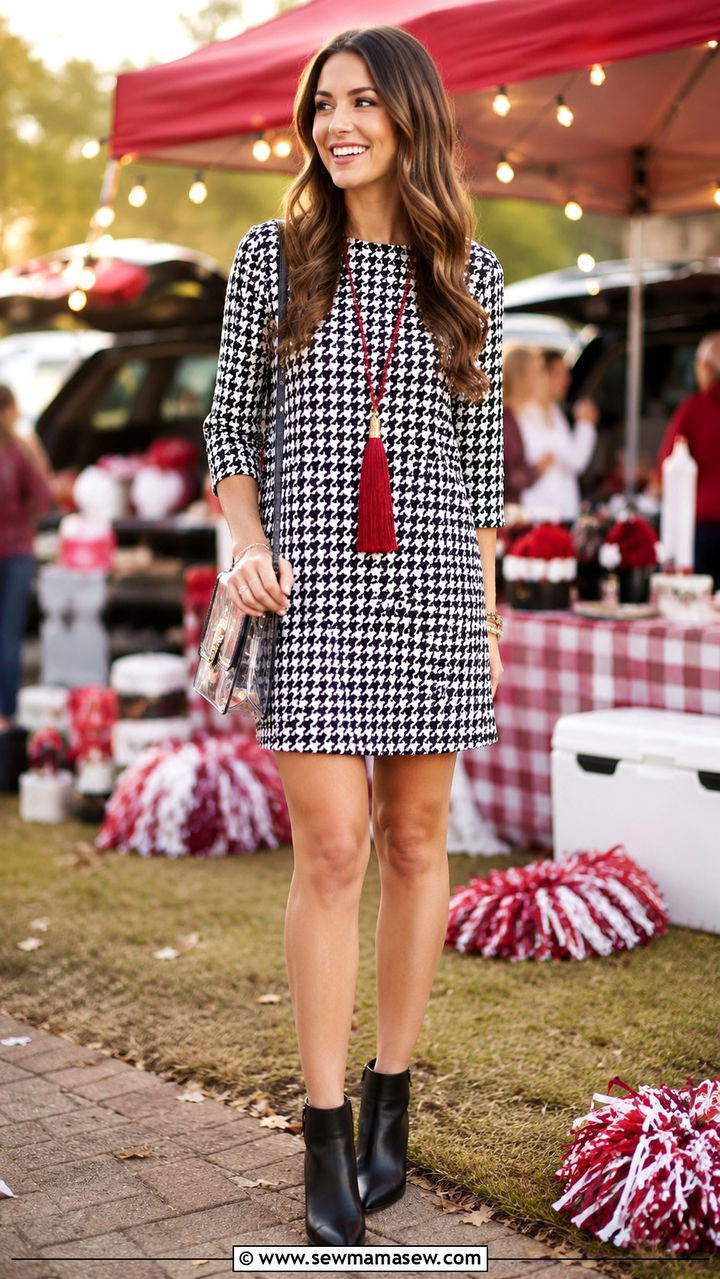 Houndstooth shift dress with black booties - 20 Gameday outfit ideas Alabama