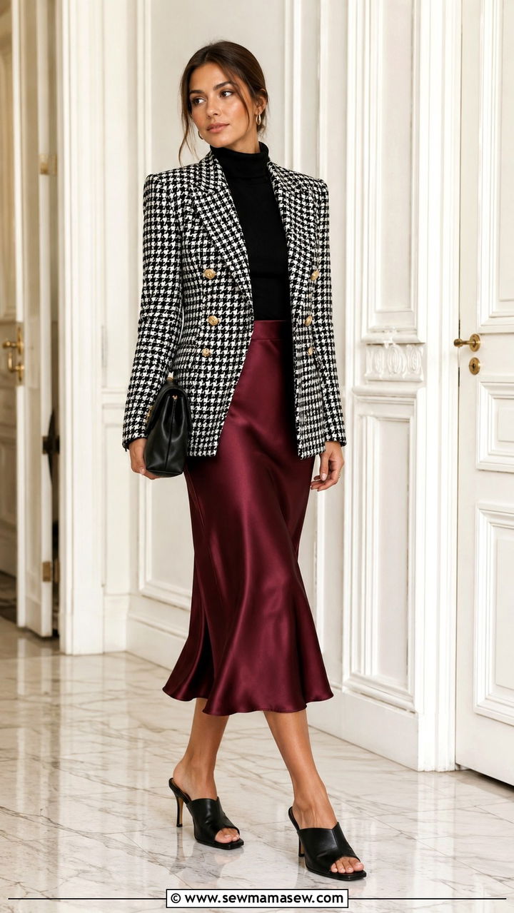 Houndstooth tweed blazer with satin slip skirt - 20 Tweed blazer outfit ideas with a skirt