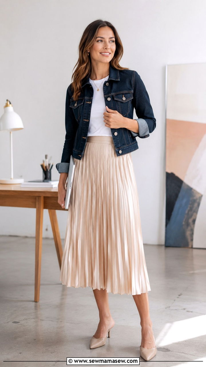 How to style a denim jacket with a pleated midi skirt - 30 How to style a denim jacket for work