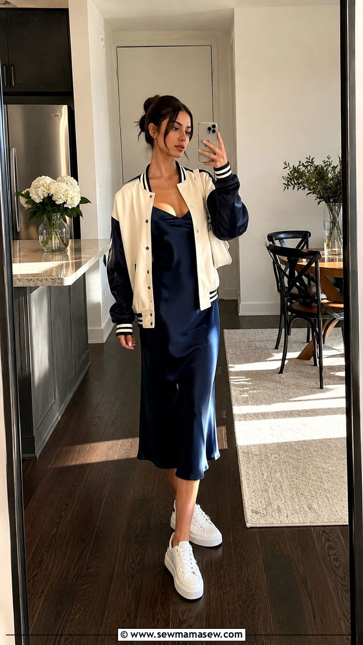 How to style a varsity jacket with a slip dress - 30 how to style jacket outfits